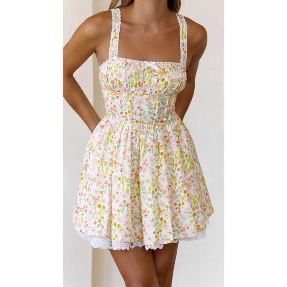 Hello Molly Cottage Charm Milkmaid Mini Dress Floral Corset‎ Lace Trim US 4